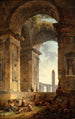 Ruinen mit einem Obelisken in der Ferne - Hubert Robert — Ansicht des Kunstwerks