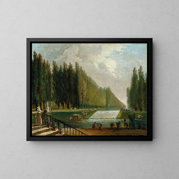 Der Park einer Landvilla mit Personen, die in der Nähe eines Wasserfalls spazieren gehen - Hubert Robert — gerahmtes Bild an der Wand