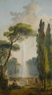 Ansicht eines Gartens mit einem großen Brunnen in der Mitte und Figuren, die im Vordergrund entspannen und tanzen - Hubert Robert — Ansicht des Kunstwerks