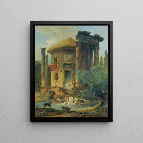 Lavandières am Flussufer vor einem kreisförmigen Tempel in Ruinen - Hubert Robert — gerahmtes Bild an der Wand