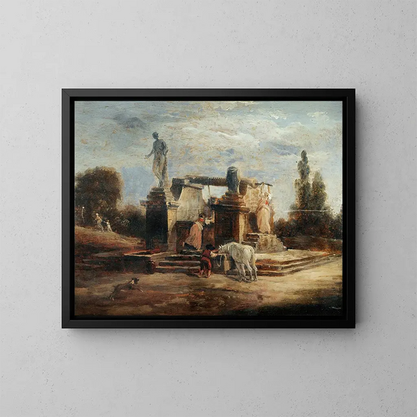 die Waschfrauen am Brunnen - Hubert Robert — gerahmtes Bild an der Wand