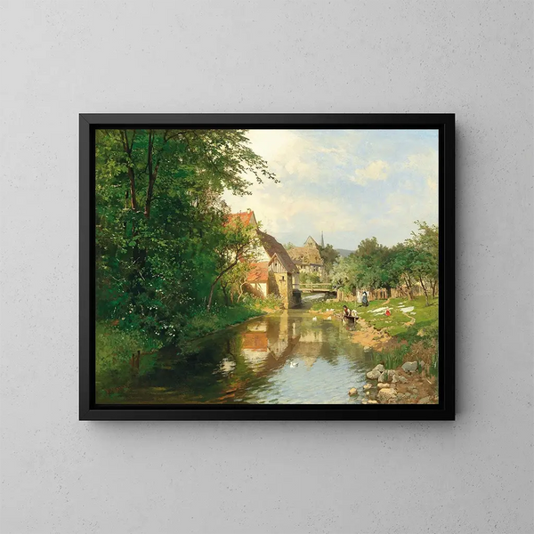 Ein Dorf am Flussufer - Hugo Darnaut — gerahmtes Bild an der Wand
