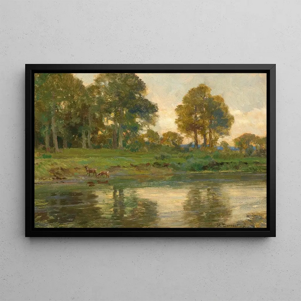 Hirschkäfer in der Nähe eines Teiches bei Sonnenuntergang - Hugo Darnaut — gerahmtes Bild an der Wand