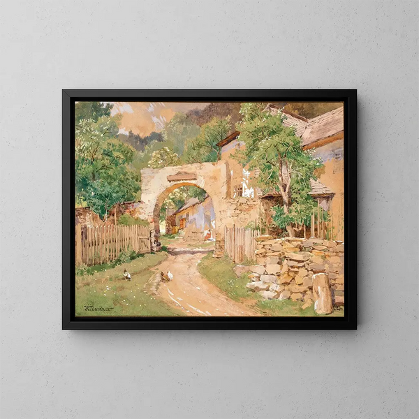 Frühlingsstimmung auf einem Bauernhof im Waldviertel - Hugo Darnaut — gerahmtes Bild an der Wand