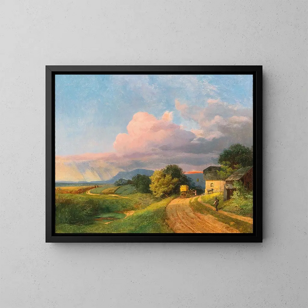 Ein Postwagen bei Sonnenuntergang - Ignaz Raffalt — gerahmtes Bild an der Wand
