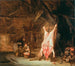 Innenansicht einer Scheune mit einem geschlachteten Schwein, einer Frau, die Fleisch vorbereitet, und zwei Kindern im Hintergrund - Isaac van Ostade — Ansicht des Kunstwerks
