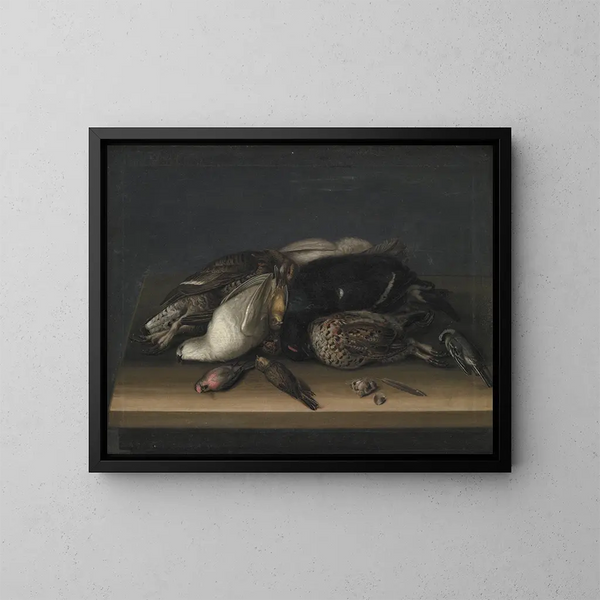 Wildvögel auf einem Holztisch - Jacob Biltius — gerahmtes Bild an der Wand