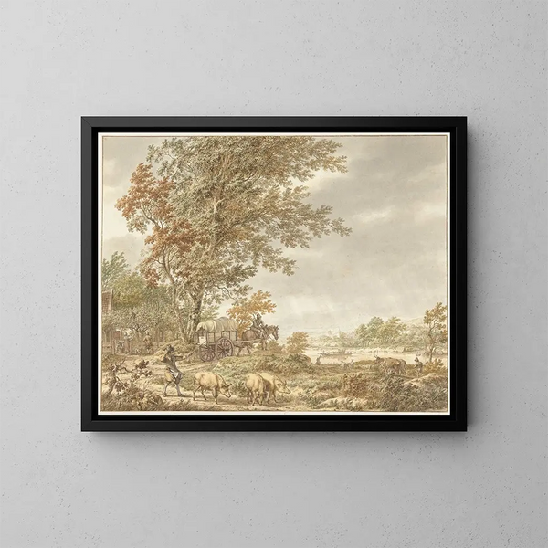 Landschaft mit Hügeln, einem Schweinehirt und weiteren Elementen, ein Fluss im Hintergrund - Jacob Cats — gerahmtes Bild an der Wand