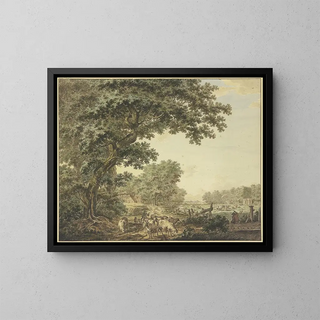 Jacob Cats - Wiesengrund zwischen dem Wald mit vielem Vieh vorne ein Schfer mit seiner Herde auf einer Brcke rechts ein Angler.webp