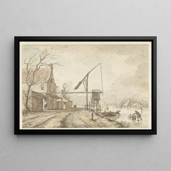 Winterlandschaft mit Häusern und Hebel entlang eines zugefrorenen Kanals - Jacob Cats — gerahmtes Bild an der Wand