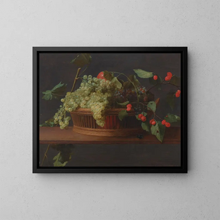 Jacob Foppens van Es - A basket of grapes and raspberries on a ledge oil on panel.webp