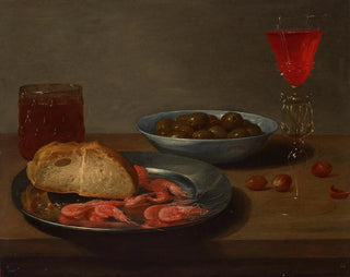Jacob Foppens van Es - A plate with prawns and a roll a bowl with olives a faon de Venise a glass of beer and almonds on a table.webp