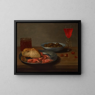 Jacob Foppens van Es - A plate with prawns and a roll a bowl with olives a faon de Venise a glass of beer and almonds on a table.webp
