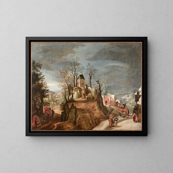 Allegorie der Jahreszeiten in einer Landschaft - Jacob Grimmer — gerahmtes Bild an der Wand