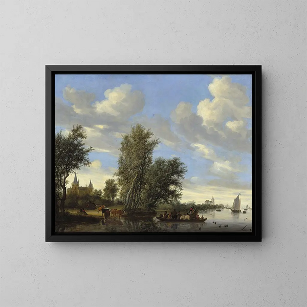 Flusslandschaft mit Kahn - Jacob Salomonsz van Ruysdael — gerahmtes Bild an der Wand