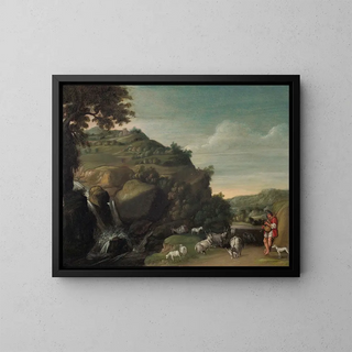 Jacob Symonsz Pynas - A hilly landscape with a waterfall and a goatherd.webp
