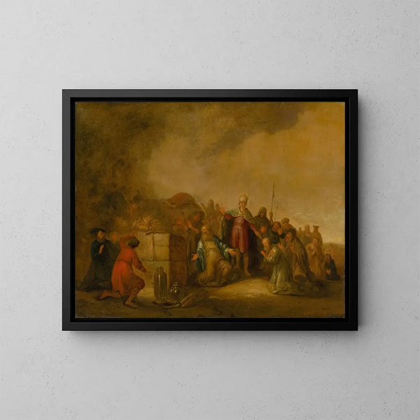 Der Opfergang Elias' an den Gott Baal auf dem Berg Karmel - Jacob Willemsz de Wet — gerahmtes Bild an der Wand