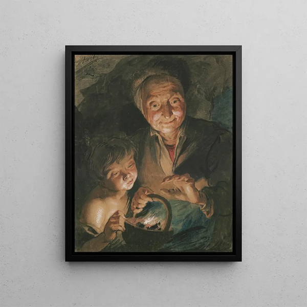 Eine alte Frau und ein Junge, die sich die Hände wärmen - Jacob de Wit — gerahmtes Bild an der Wand
