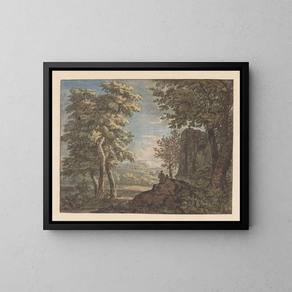 Landschaft im arkadischen Stil mit antiken Ruinen und zwei Männern - Jacob van Liender — gerahmtes Bild an der Wand