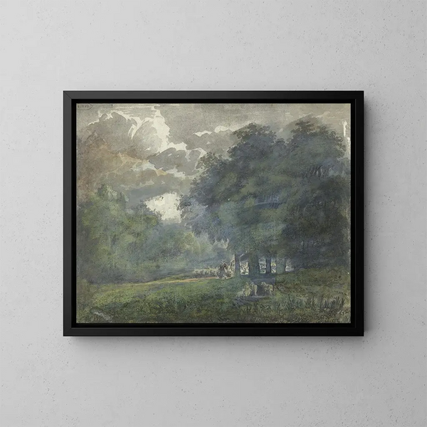 Hirten mit einer Herde in einer bewaldeten Landschaft - Jacob van Liender — gerahmtes Bild an der Wand