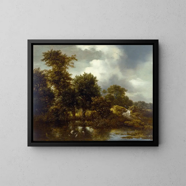 Ein bewaldeter Landschaft mit einem Teich - Jacob van Ruisdael — gerahmtes Bild an der Wand