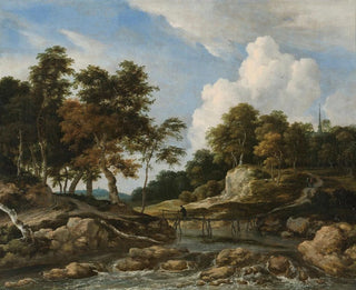 Jacob van Ruisdael - A Wooded River Landscape With A Bridge A Church Beyond.webp
