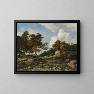 Jacob van Ruisdael - A Wooded River Landscape With A Bridge A Church Beyond.webp