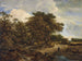eines bewaldeten Landschaftsgemäldes mit Cottages und einer Figur, begleitet von Hunden auf einem Feldweg - Jacob van Ruisdael — Ansicht des Kunstwerks