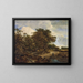 eines bewaldeten Landschaftsgemäldes mit Cottages und einer Figur, begleitet von Hunden auf einem Feldweg - Jacob van Ruisdael — gerahmtes Bild an der Wand