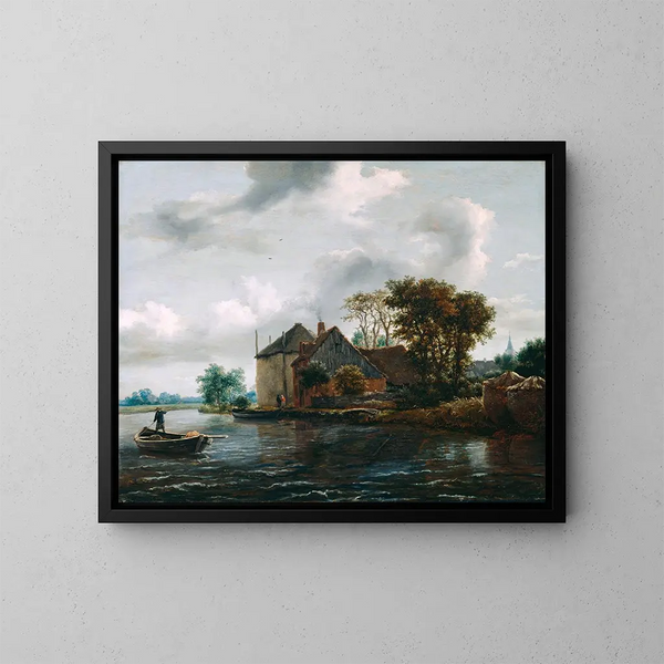 vom Bauernhof und Heuwende am Flussufer - Jacob van Ruisdael — gerahmtes Bild an der Wand