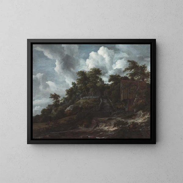 Hügel mit Wald und Blick auf das Schloss Bentheim - Jacob van Ruisdael — gerahmtes Bild an der Wand