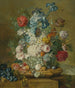 Naturstillleben mit Pfingstrosen, Primeln, Iris, Tulpen, Mohnblumen und weiteren Blumen mit Trauben, einer Melone, einer Granatapfel, Pfirsichen, Pflaumen und Nüssen - Jacobus Linthorst — Ansicht des Kunstwerks