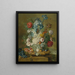 Naturstillleben mit Pfingstrosen, Primeln, Iris, Tulpen, Mohnblumen und weiteren Blumen mit Trauben, einer Melone, einer Granatapfel, Pfirsichen, Pflaumen und Nüssen - Jacobus Linthorst — gerahmtes Bild an der Wand