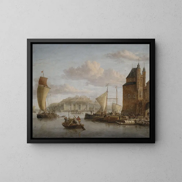 Nordisches Gemälde eines Schlosses mit zahlreichen Frachtschiffen und Händlern - Jacobus Storck — gerahmtes Bild an der Wand