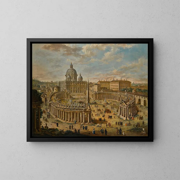 Panorama-Gemälde der Piazza San Pietro mit der Basilika im Hintergrund - Jacopo Fabris — gerahmtes Bild an der Wand
