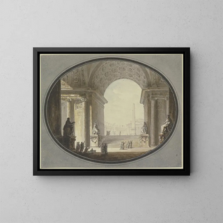 JacquesFranois Blondel - Blick durch ein kassettiertes Rundbogengewlbe auf einen dem Petersplatz in Rom nachempfundenen Platz im Scheitel ein dem rmischen Pantheon hnelnder Bau.webp