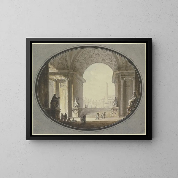 Blick durch eine Tonnengewölbe mit Kassettendecke auf einem Platz, inspiriert vom Petersplatz in Rom, mit einem Gebäude an der Spitze, das dem römischen Pantheon ähnelt. - Jacques-François Blondel — gerahmtes Bild an der Wand