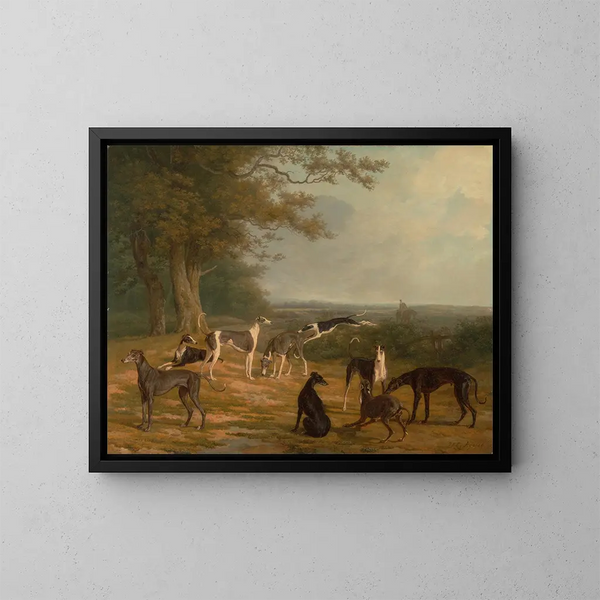 Neue Windhunde in einer Landschaft - Jacques-Laurent Agasse — gerahmtes Bild an der Wand