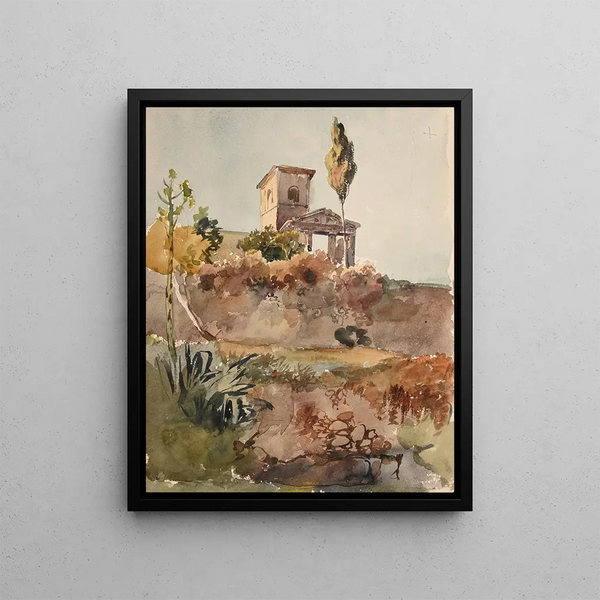 Garten und Kirche mit antiker Loggia - Jacques-Raymond Brascassat — gerahmtes Bild an der Wand