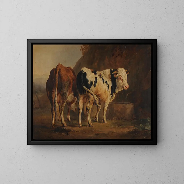 Stier mit weißer und schwarzer Fellzeichnung und Kuh mit brauner Fellzeichnung - Jacques-Raymond Brascassat — gerahmtes Bild an der Wand