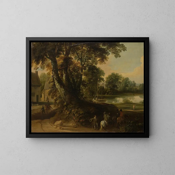 Landschaftsgemälde mit einer Gruppe von Bäumen am Ufer eines Sees, drei Reiter auf der Straße im Vordergrund - Jacques d'Arthois — gerahmtes Bild an der Wand
