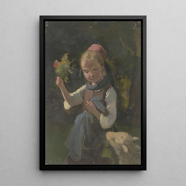 Jakob Becker - Bauernmdchen mit Blumenstrau von rechts ein ein Schaf.webp