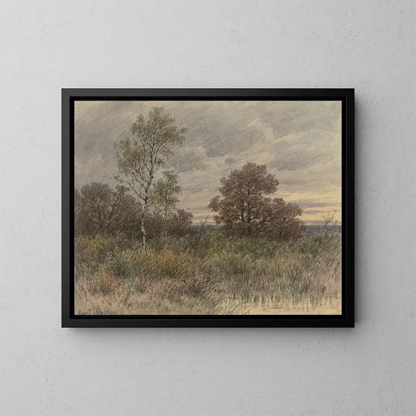 Landschaftsgemälde mit Regen, Eichen und Birken in einem sumpfigen Gelände - Jakob Maurer — gerahmtes Bild an der Wand