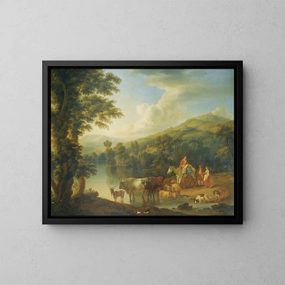 Jakob Philipp Hackert - A Wooded River Landscape With A Woman On A Grey Horse With Animals Watering.webp