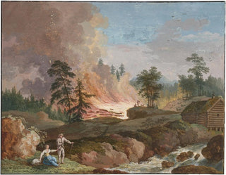Ein Landschaft in Schweden mit Bauern, die Holz verbrennen, und einem Paar, das sich in der Nähe eines Bachs ausruht - Jakob Philipp Hackert — Ansicht des Kunstwerks
