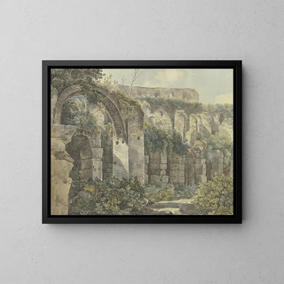 Jakob Philipp Hackert - Rmische Ruinen mit groem Bogen und hohen Mauern von Pflanzen berwuchert.webp