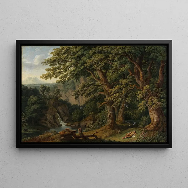 Jakob Philipp Hackert - Waldlandschaft mit dem schlafenden von Tauben behteten Knaben Horaz.webp