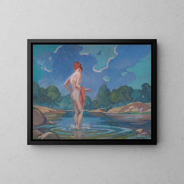 Die Dame beim Pfützenlaufen - James C. Kulhanek — gerahmtes Bild an der Wand
