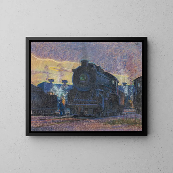 Dämmerung des Dampfes am Lindale-Depot - James C. Kulhanek — gerahmtes Bild an der Wand