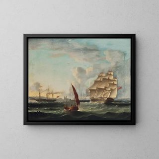 James Edward Buttersworth - Frigate Approaching The Mouth Of The Tagus With A Paddle Steamer Passing The Belem Tower Lisbon.webp